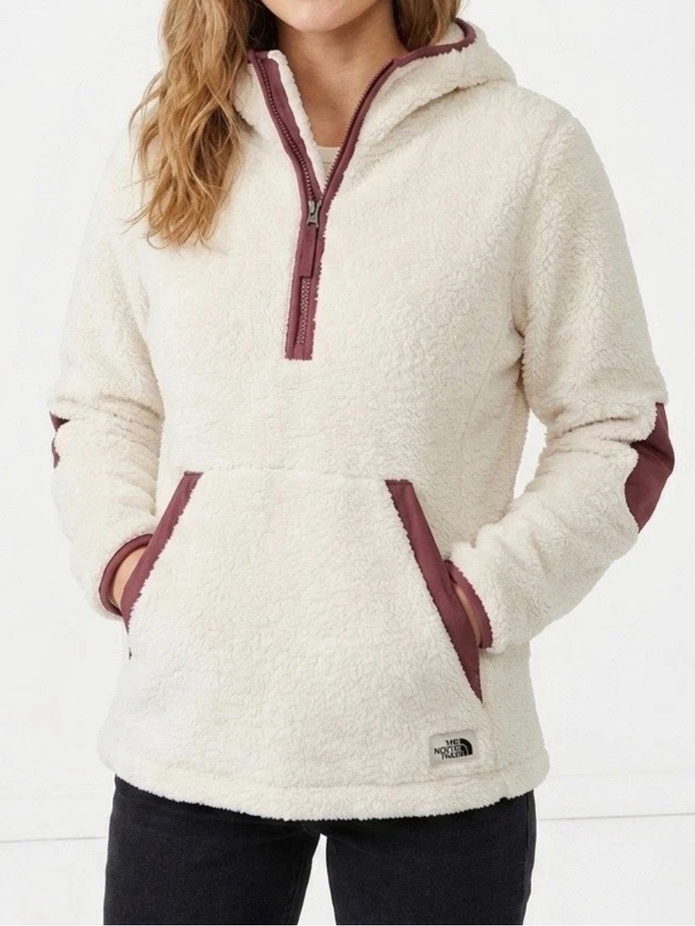 The North Face Campshire Sherpa Fleece 1/4 Zip Hoodie Cream Mauve XL Elbow Patch